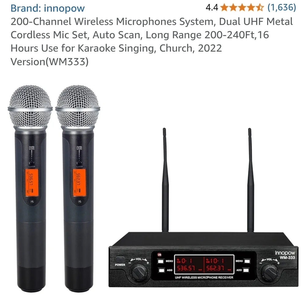 Wireless Microphones System 200 Channel, Dual UHF Metal Cordless Mic Set